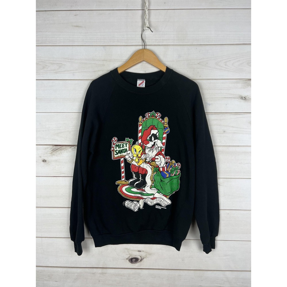 Vintage Looney Tunes Sweatshirt Mens Large Black Sylvester Tweety Santa 90s USA